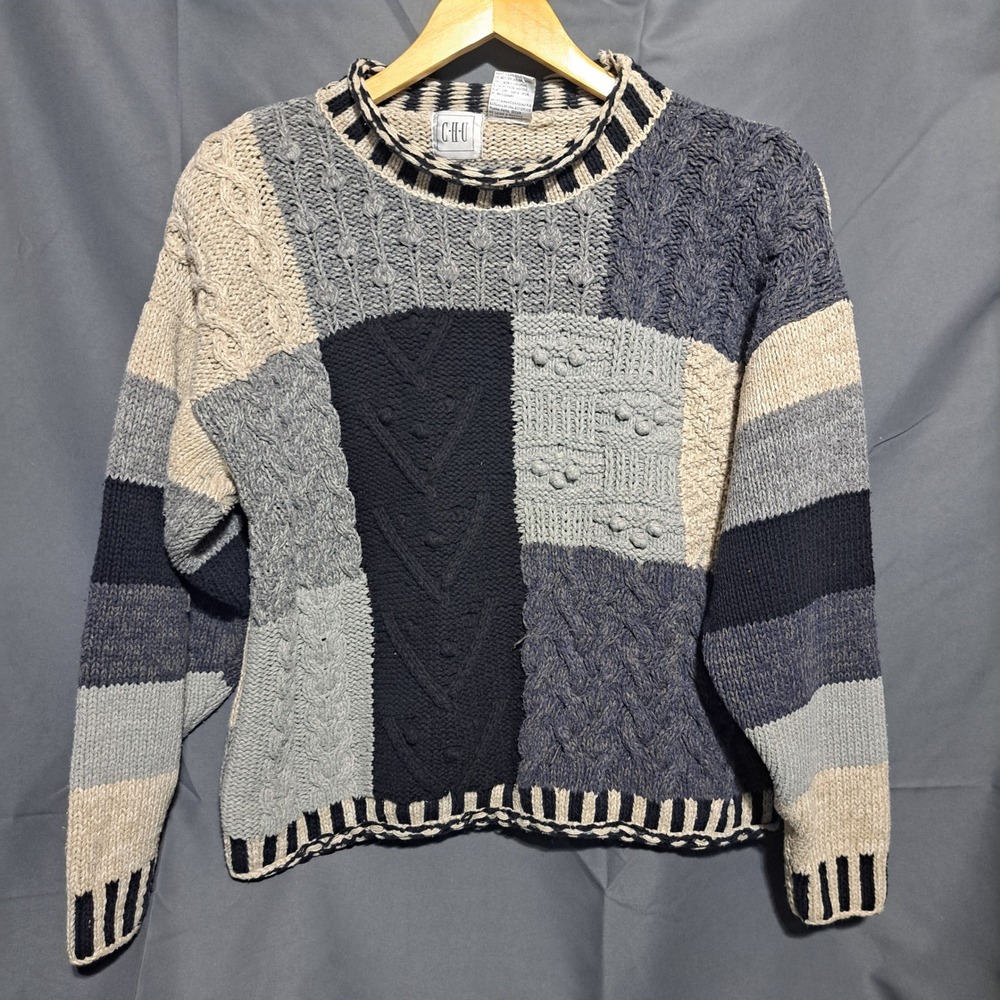 CHU Women's LARGE Gray Patchwork Crewneck Pullover Sweater Silk Cotton - Picture 1 of 8